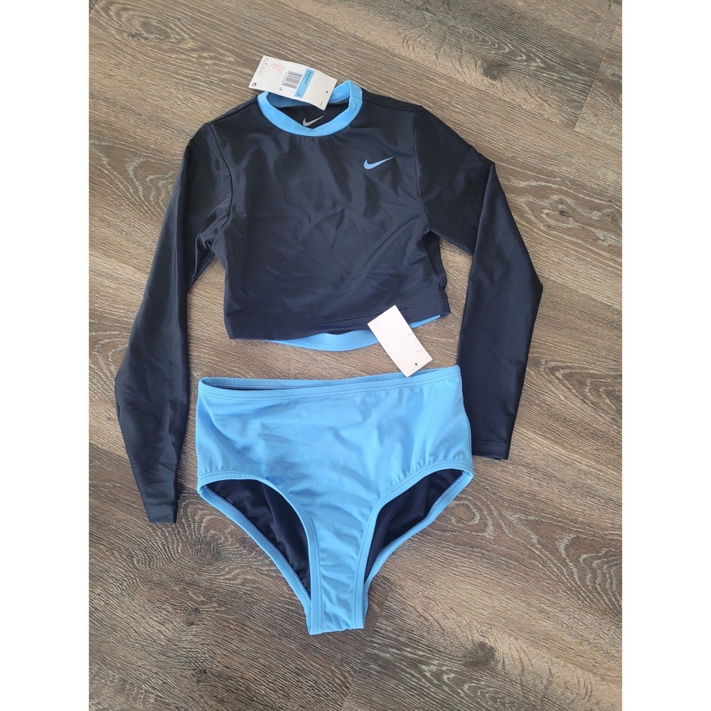 Nike Swim Rash Guard Set Girls Medium Navy Blue Long Sleeve Open Back #8